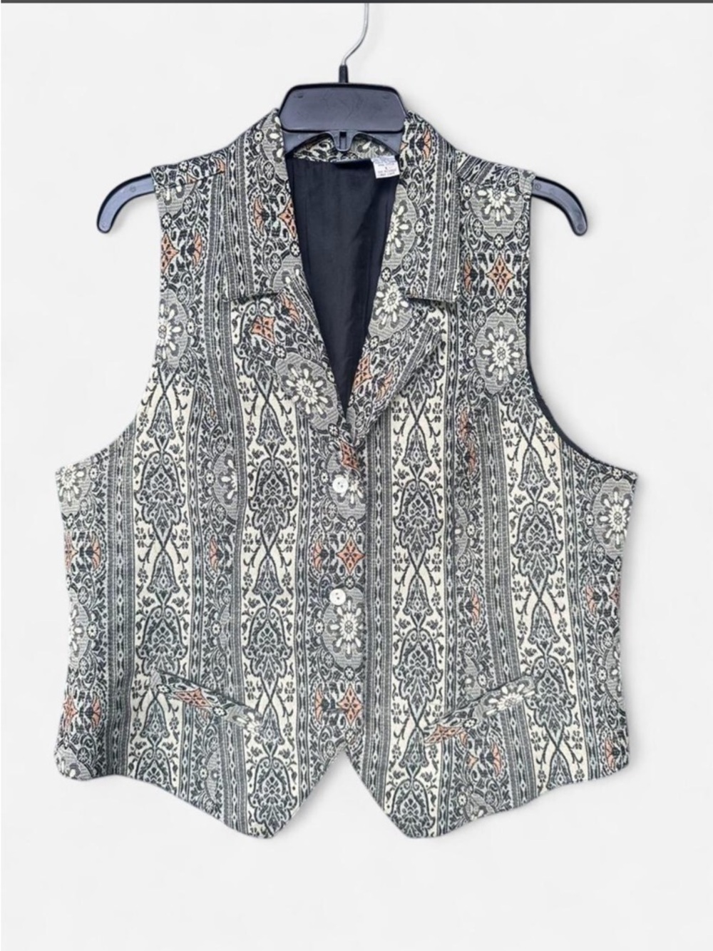 Patterned Floral Stripe Vest in Black, Cream & Rust